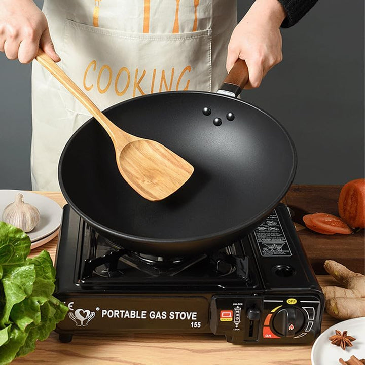 BRAVECOW 32cm Wokpfanne, für 4-6 Personen,Holzgriff,Antihaftbeschichtung,Wokpfanne aus Kohlenstoffst