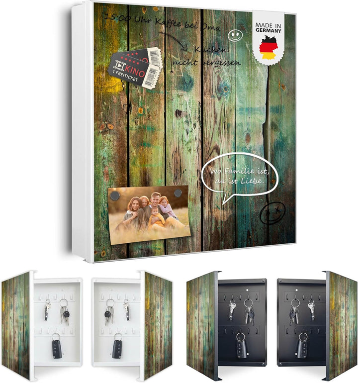 banjado® Grosser Schlüsselkasten Glas/Schlüsselbox 30cm x 30cm mit 50 Haken - Motiv Grünes Holz/Schl
