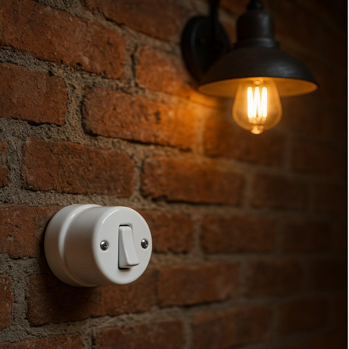 Aufputz Porzellan Retro, Schalter, Wechselschalter, All-in-One, Serie QR1 weiss