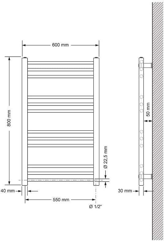 LuxeBath Badheizkörper Elektrisch mit Heizstab ECO 300W - 600 x 800 mm - Anthrazit - gerade mit Seit