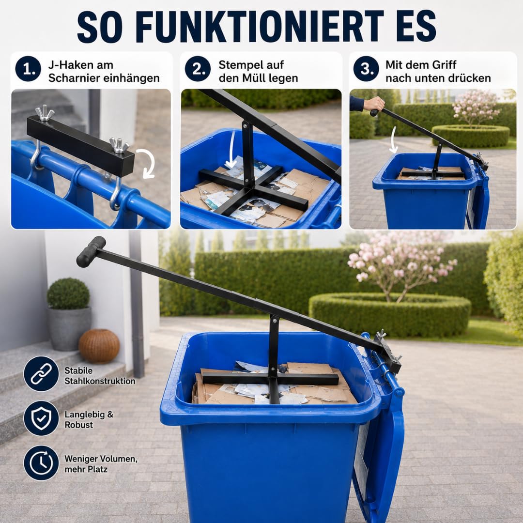Müllpresse für Zuhause 60–240L | Höhenverstellbare Mülltonnenpresse & Abfallpresse für Restmüll, Pap