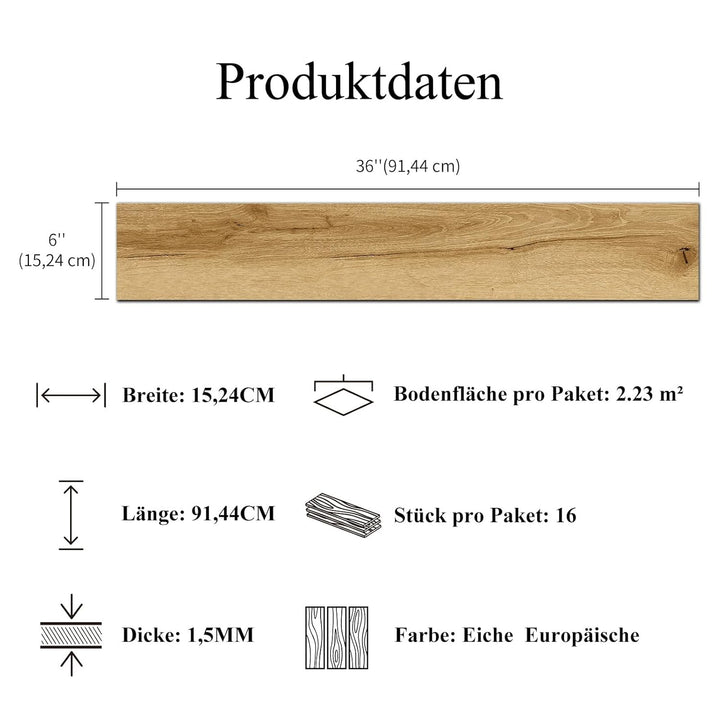 Mysflosy Vinylboden Selbstklebend, PVC Bodenbelag holzoptik wasserdicht, Eiche Europäische 15,24cm x