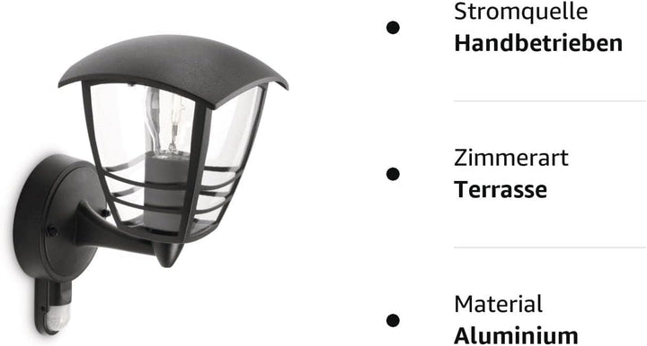 Philips myGarden Creek Aussenwandleuchte mit Bewegungsmelder, LED E27 Lampe, 60W, Schwarz, 28.5 cm S