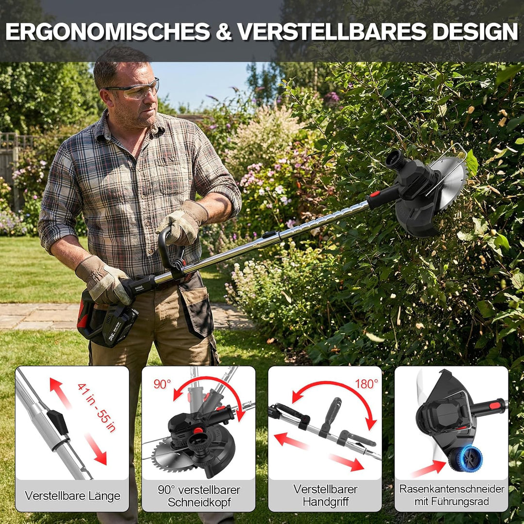 Rasentrimmer mit Akku 21V, 4-in-1 Freischneider & Motorsense 24000 RPM, Rasenkantenschneider inkl. 2