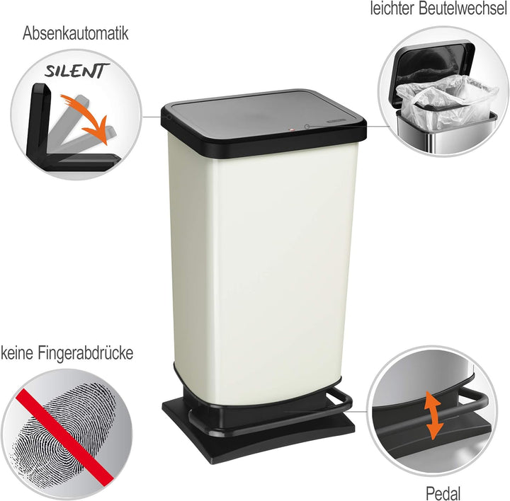 Rotho Paso Mülleimer 40 Liter mit Pedal und Deckel, Kunststoff (PP) BPA-frei, weiss metallic, 40l (3