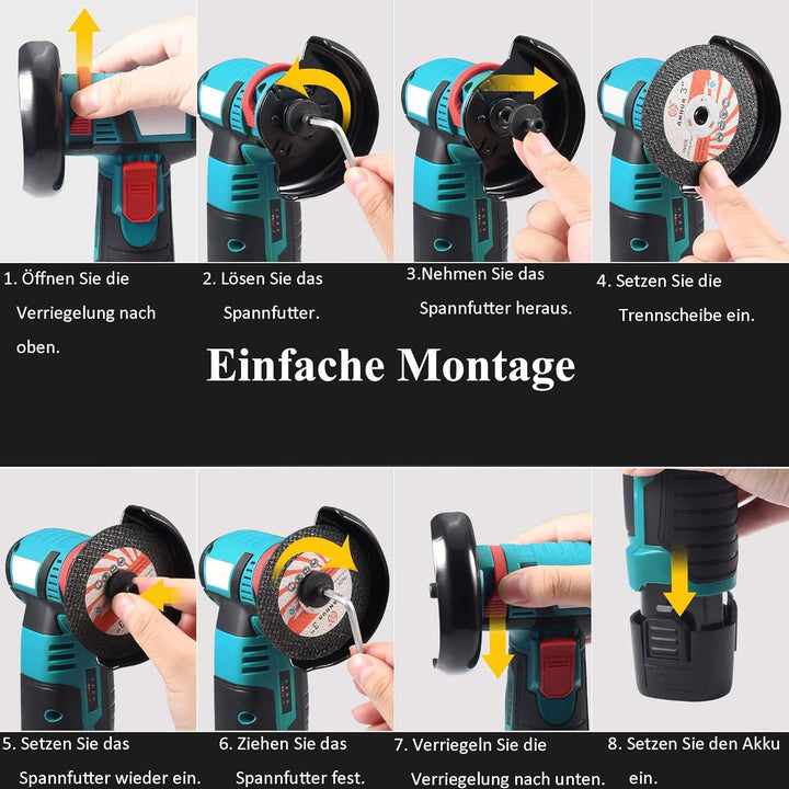 Mini Akku Winkelschleifer 12V, 76mm (3 Zoll) Bürstenloser Trennschleifer mit 2x 1500mAh Akku & 8 Sch