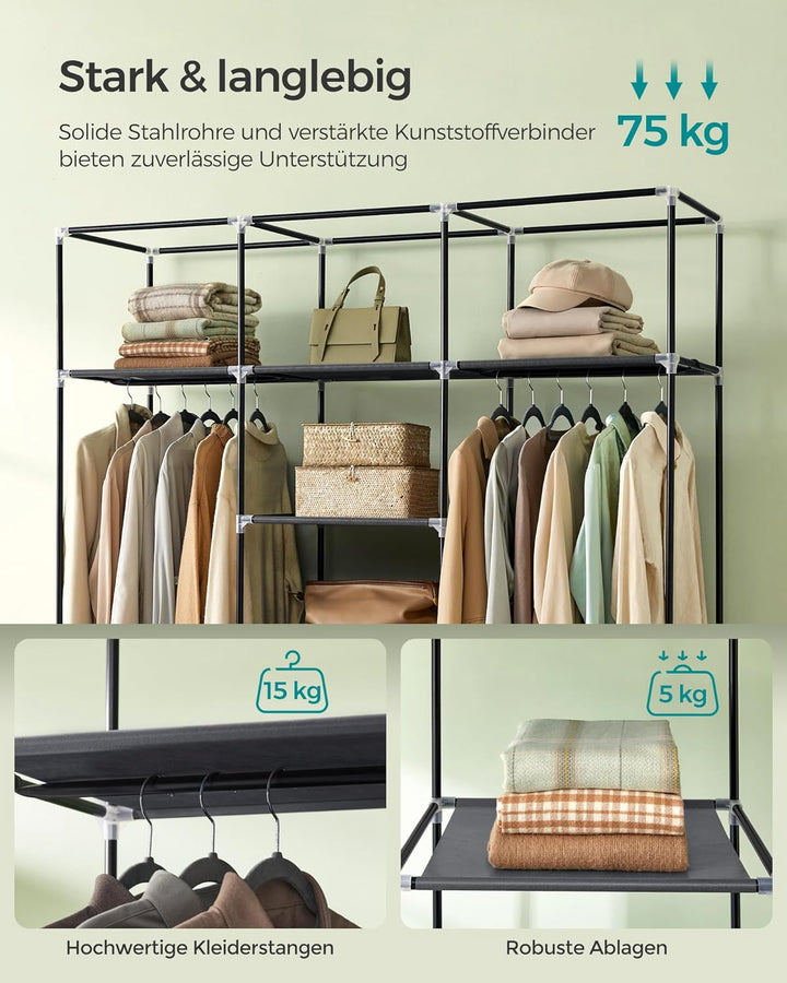SONGMICS Kleiderschrank, Faltschrank, Stoffschrank, faltbare Garderobe mit 2 Kleiderstange, 175 x 15