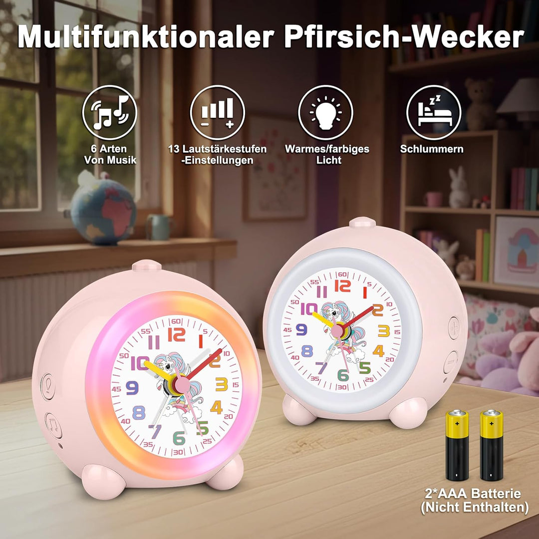 SOCICO Analoger Kinder Wecker Mädchen, Einhorn Design, Lautlos, Ohne Ticken Niedlicher Pfirsich Weck