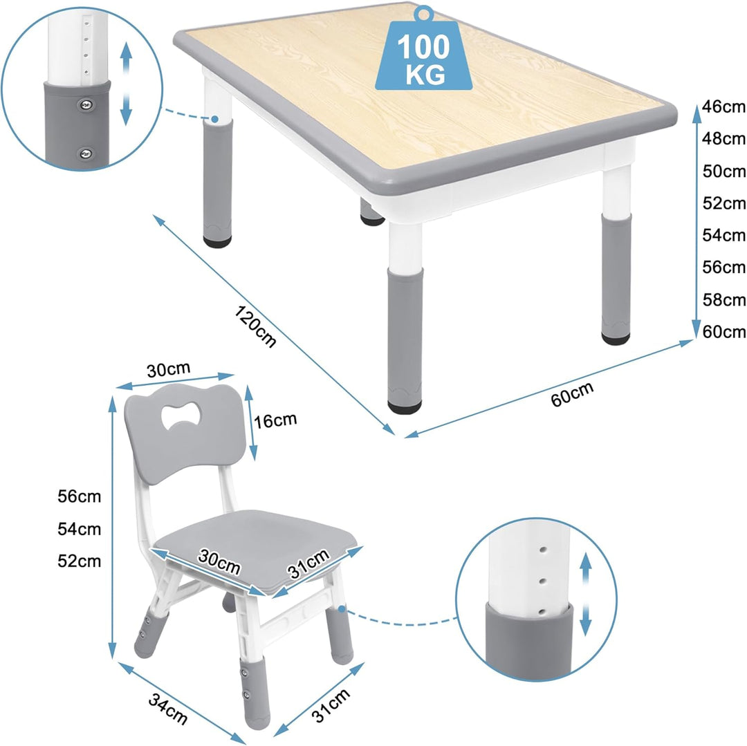 XMTECH Kindertisch 120x60 cm mit 4 Stühlen, höhenverstellbar, Grau 120x60 Grau, 120x60 Grau