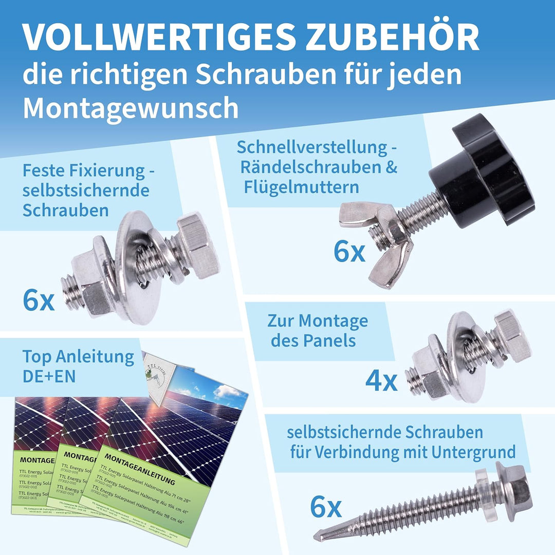 Solarmodul Halterung Alu 118 cm 46“ 2er Set 1 Paar - bis 600W - 0-90° Winkel einstellbar Montage &amp; B