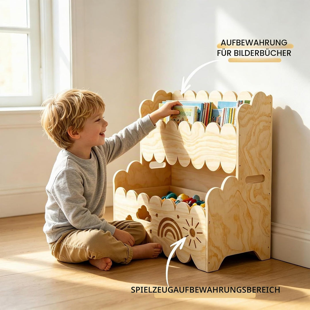 Kinder Bücherregal Holz, 2-Stöckiges Kinderbücherregal Montessori-Bücherregal Bücherkiste Kinder Wol