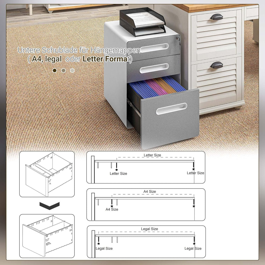 Vinsetto Rollcontainer, mobiler Aktenschrank mit 3 Schubladen, abschliessbarer Büroschrank mit Hänge