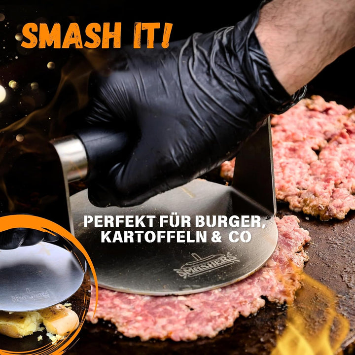 SMASHERS Smash Burger Set – Burger Smasher Set mit Burgerpresse, Grillspachtel, Pfannenwender & Burg