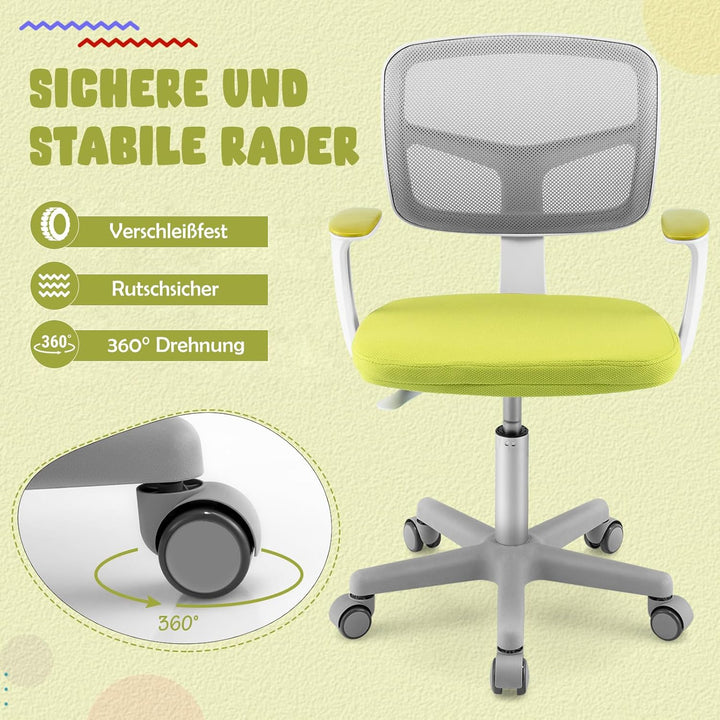 COSTWAY 360° Drehbarer Kinderschreibtischstuhl, 80-91,5 cm Höhenverstellbarer Jungendstuhl mit Rücke