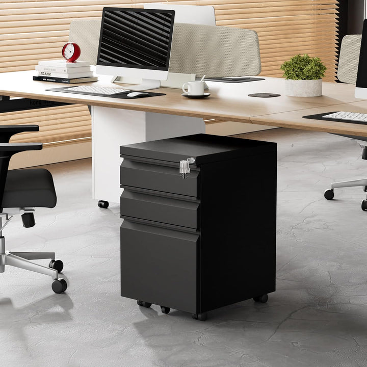 Rollcontainer, Aktenschrank Abschliessbar mit 4 Schlüsseln, Aktenschrank unter Schreibtisch, mit 3 S