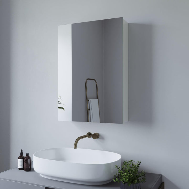 AQUABATOS Spiegelschrank Bad 50 x 70 cm ohne Beleuchtung Aluminium Rahmen Weiss matt Eintürig doppel
