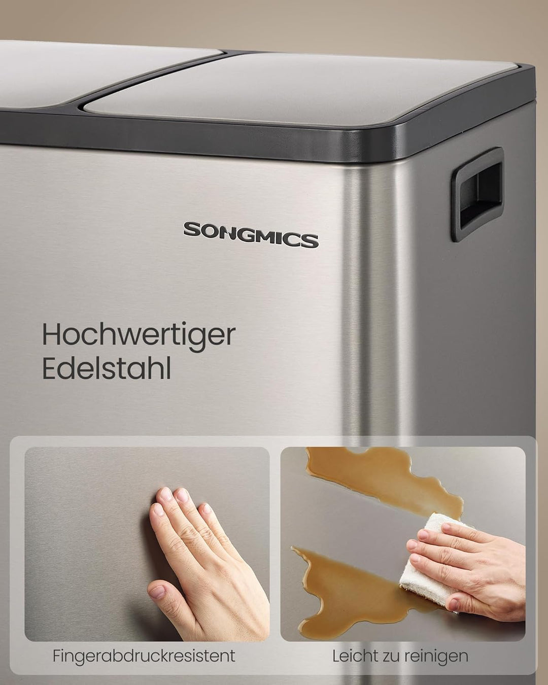 SONGMICS Mülleimer Küche, 2 x 30 L, Mülltrennsystem 2 Fächer, Abfalleimer mit 15 Müllbeuteln, Tretmü