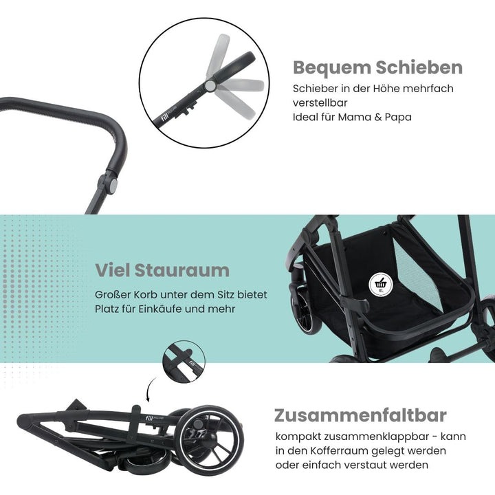Fillikid 4-1 Kombi-Kinderwagen-Set Fill Jaguar mit Sportsitz, Babywanne mit Matratze, Babyschale, Wi