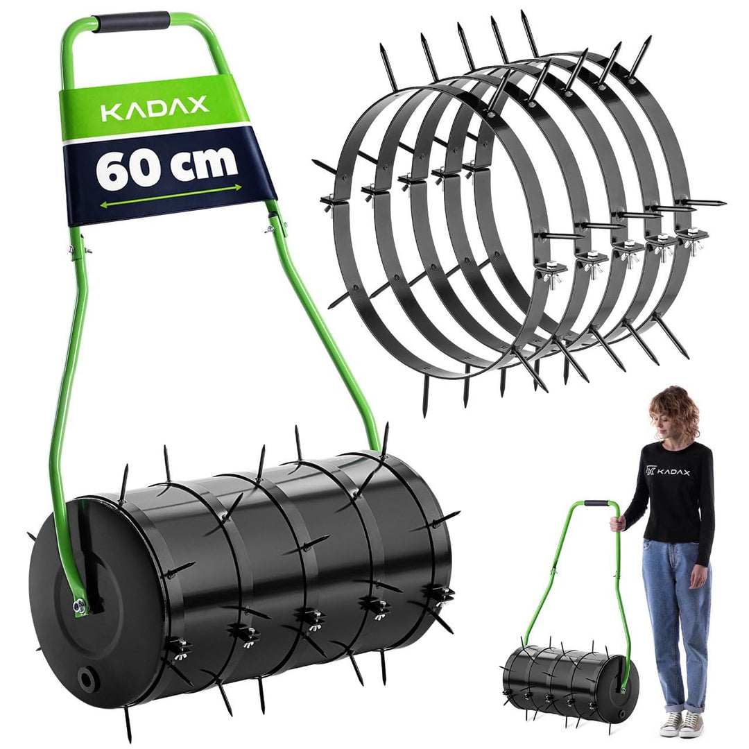 KADAX Rasenlüfter Walze 60 cm, Befüllbar mit Wasser oder Sand, Rasenwalze mit 6 cm Nägeln, Rasenbelü