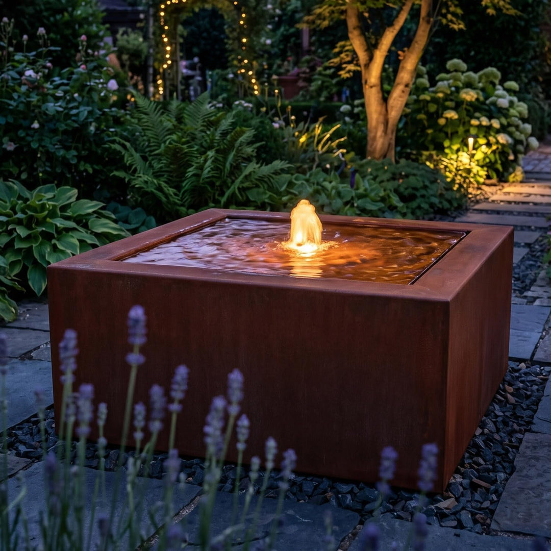 Cortenstahl Brunnen Quadro Quellbrunnen für Garten &amp; Terrasse | Set mit LED Beleuchtung, Viereckig,