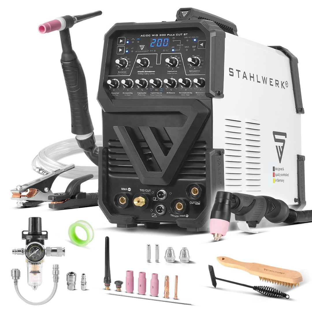 STAHLWERK Schutzgasschweissgerät 3-in-1 AC/DC WIG 200 Puls CUT ST bis 200 A | WIG & MMA, Plasmaschne