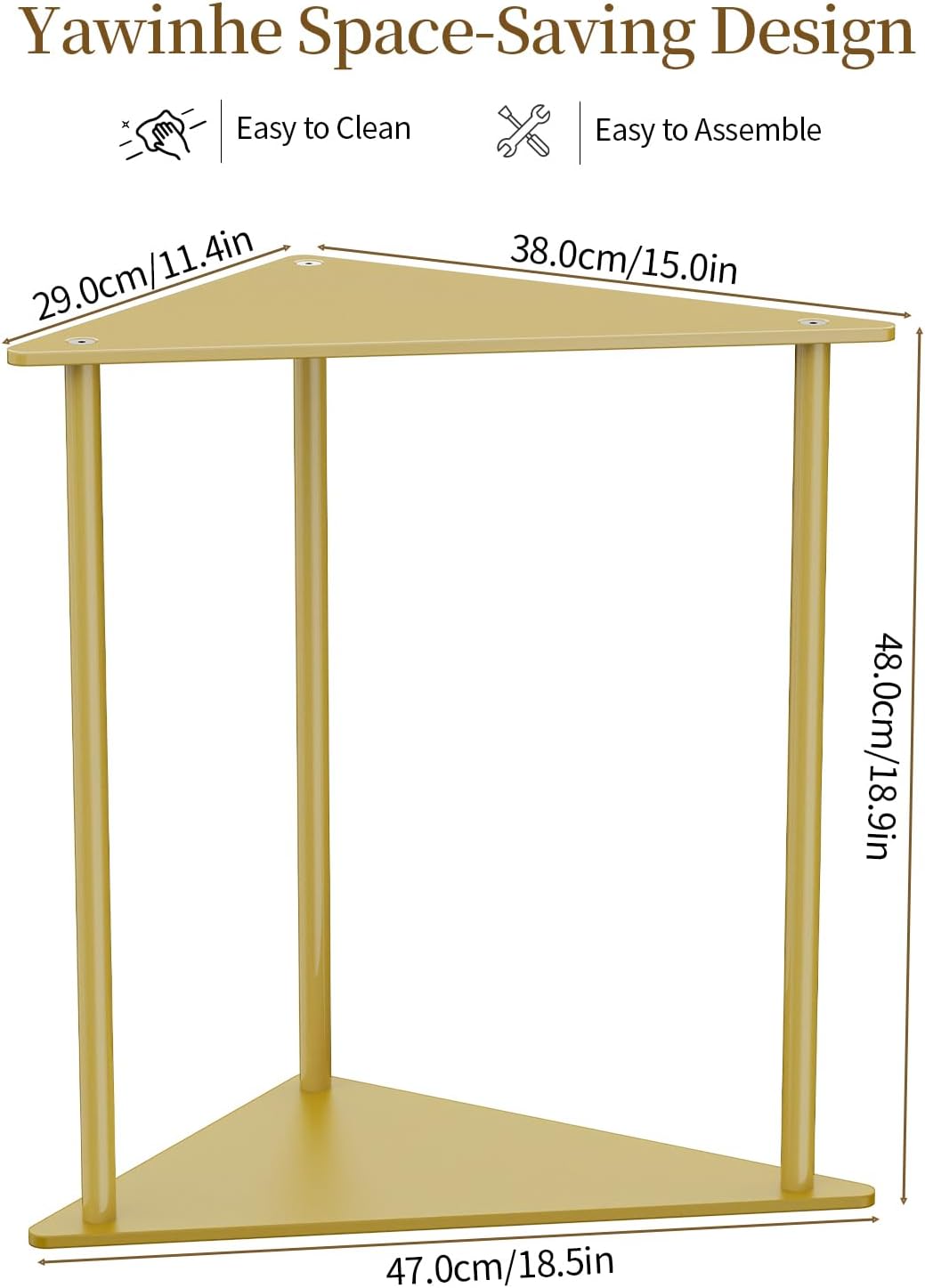 Yawinhe Dreieckiger Beistelltisch,1er Set Metall Klein Couchtisch,Golden | Mobiler Kaffeetisch 2 Ebe