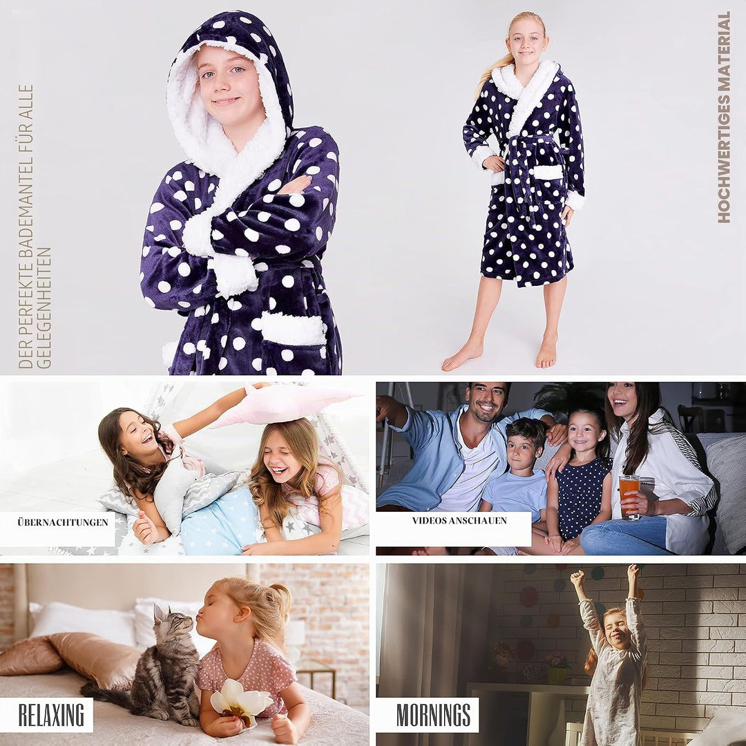 CityComfort Bademantel Kinder Mädchen, Fleece Morgenmantel Kinder Dressing Gown mit Punkten 9-10 Jah
