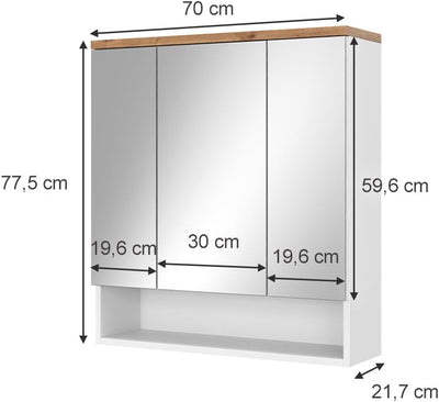 Vicco Bad Spiegelschrank Eden, Weiss Hochglanz/Artisan-Eiche, 70 x 77.5 cm mit 3 Türen Weiss Hochgla