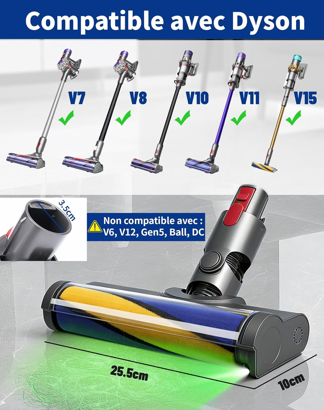 Bodendüse für Dyson V7 V8 V10 V11 V15 Staubsauger Bürste Ersatzteil Softwalze Bodenbürste mit LED-Li