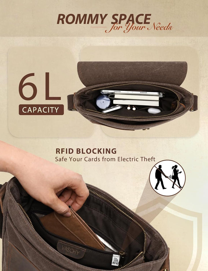 VASCHY Klein Umhängetasche Herren mit RFID-Schutz,Vintage Messenger Bag Herrentasche Schultertasche