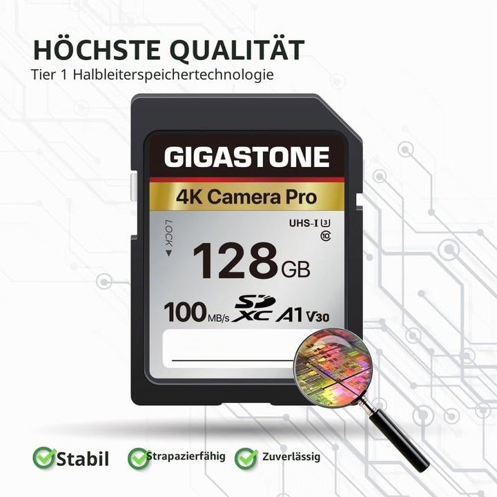 GIGASTONE 128GB SDXC Speicherkarte mit USB-Typ-C-Kartenleser, 4K Kamera Pro, bis zu 100 MB/s, für Vi