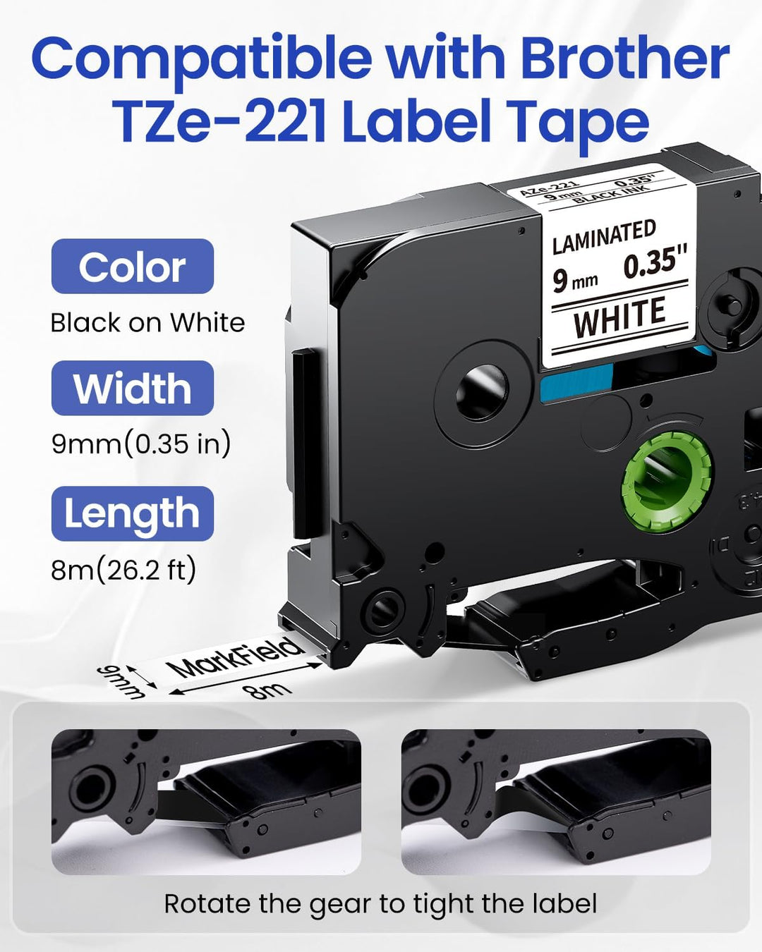 MarkField TZe-221 9mm Schriftband Kompatibel mit Brother P touch Bänder Schwarz auf Weiss TZ TZe221