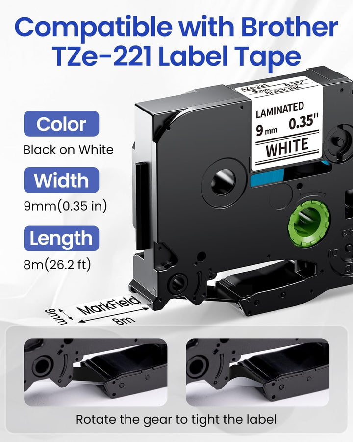 MarkField TZe-221 9mm Schriftband Kompatibel mit Brother P touch Bänder Schwarz auf Weiss TZ TZe221