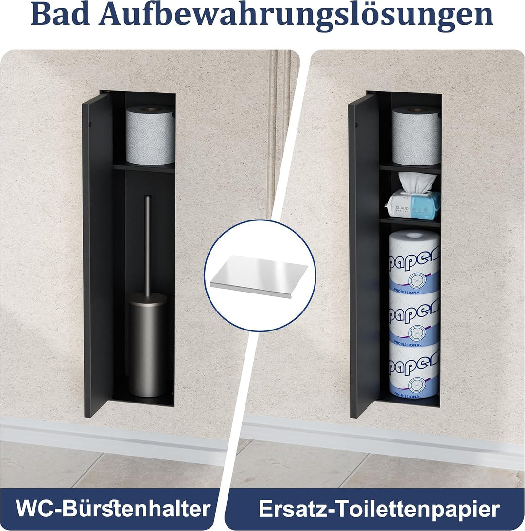Unterputz Toilettenpapierhalter Edelstahl 304 mit Befliesbarer Tür, Schwarz, Schwarz