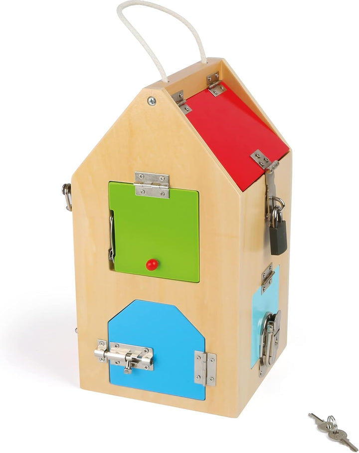 small foot Schlosshaus, aus Holz, mit Schlössern, Riegeln, Hebeln, Scharnieren und Sicherheitskette,