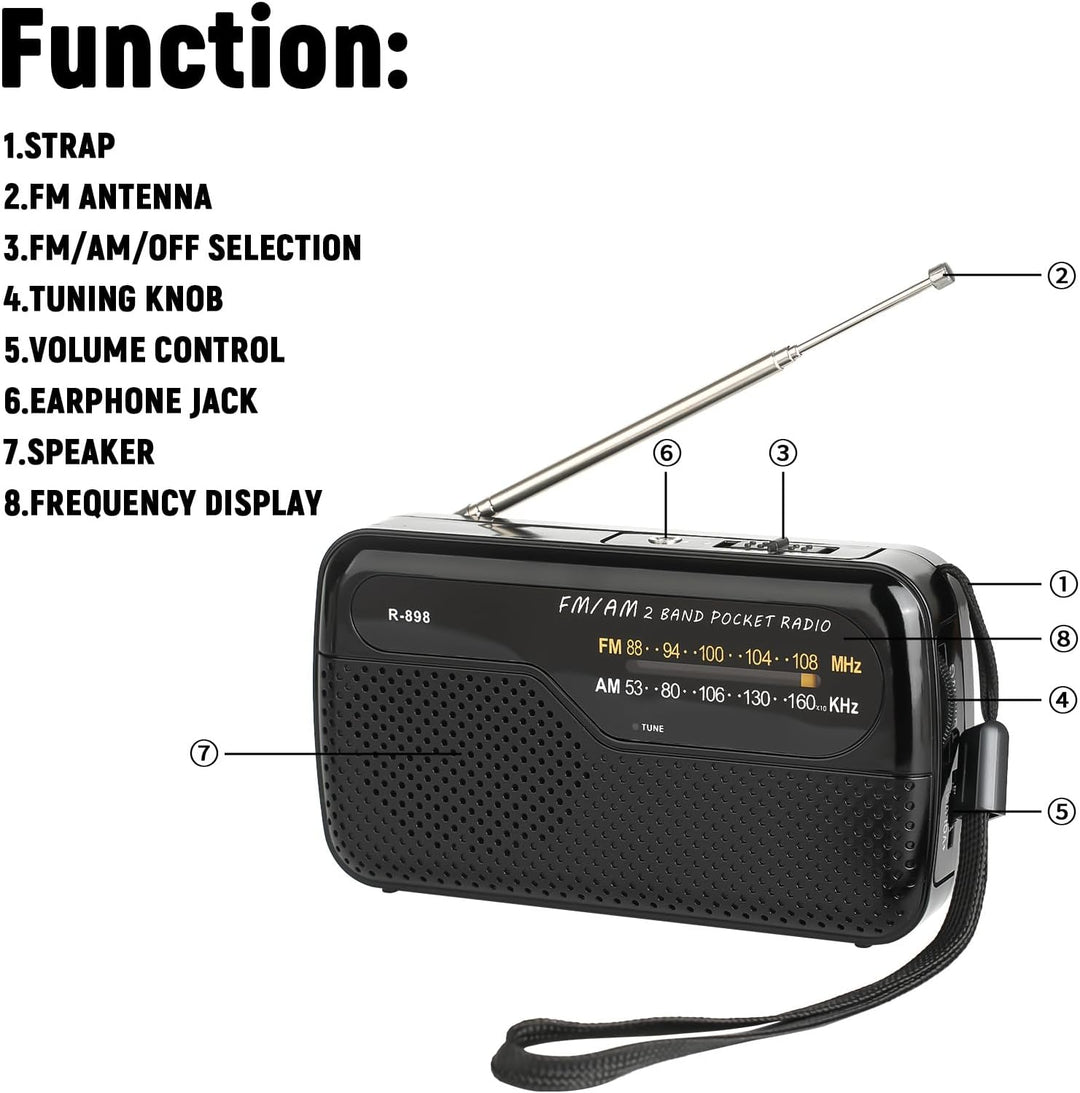Tragbares Radio, Transistorradios am FM, tragbare Tasche, funktioniert mit 2 AA-Batterien, kleines T