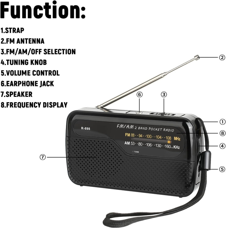 Tragbares Radio, Transistorradios am FM, tragbare Tasche, funktioniert mit 2 AA-Batterien, kleines T