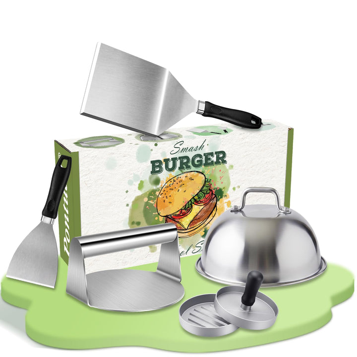 Smash Burger Set 5-TLG, Grillspachtel Set aus Edelstahl für Grillplatte Teppanyaki, Plancha Grill Zu