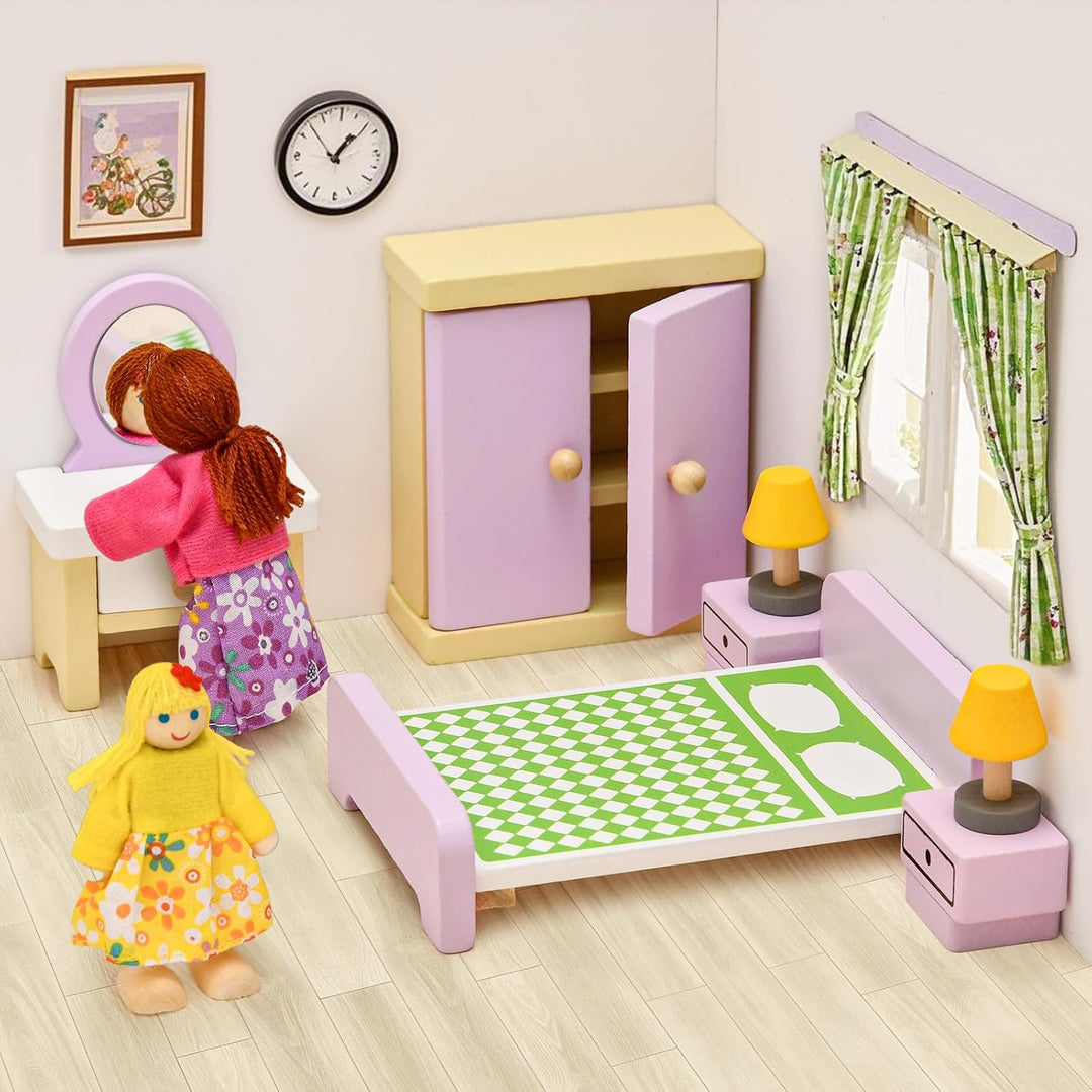 Atoylink Bunt Puppenhaus Möbel Set aus Holz, Puppen Zubehör Spielzeug mit Puppenhaus Puppen, Rollens