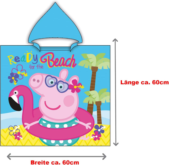 Peppa Wutz Pig Kinder Kapuzen Bade-Poncho Beach 60 x 120 cm 100% Baumwolle Veloursqualität Sunny Pon