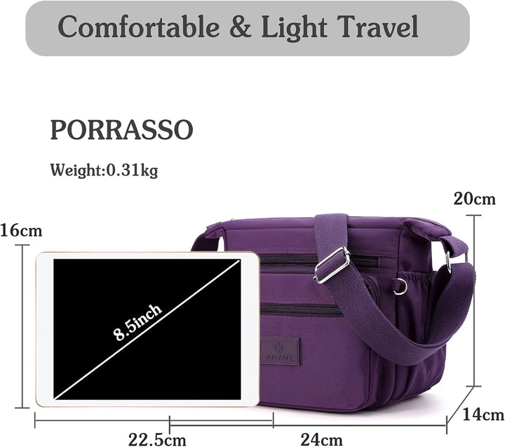 PORRASSO Damen Umhängetasche Casual Schultertasche Multi Tasche Nylon Handtasche für Reisen Wandern