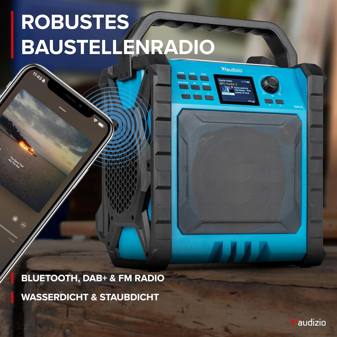 Audizio Jobsite XL - Baustellenradio DAB Plus Radio mit Bluetooth 5.0, Akku 15h, 200 Watt, IP54 Wass