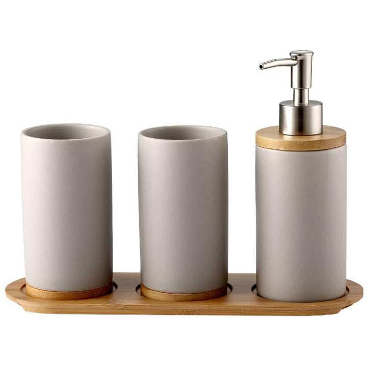 Badezimmer Accessoires Set Keramik, 4-teilig, Zahnbürstenhalter, Seifenspender, Bambus Fach, Zahnput