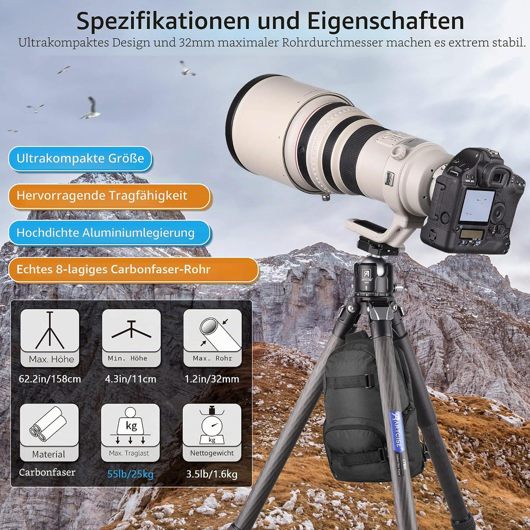 Kompaktes Kohlefaser-Stativ mit Steintasche ARTCISE CT80C Hochleistungs-Reisekameraständer für Canon