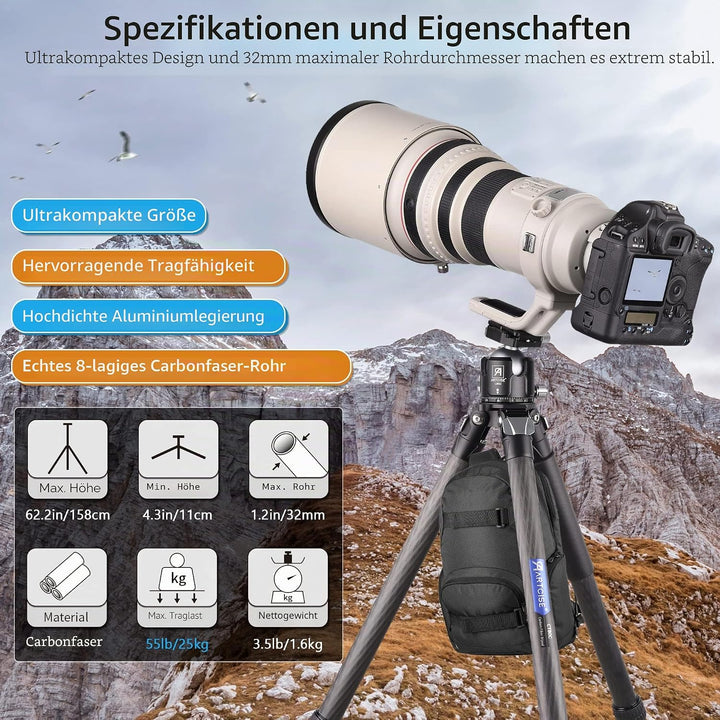 Kompaktes Kohlefaser-Stativ mit Steintasche ARTCISE CT80C Hochleistungs-Reisekameraständer für Canon