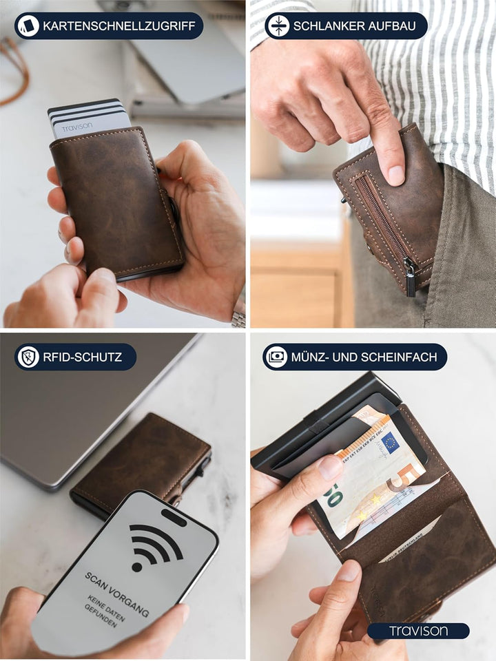 Travison® SMART Wallet mit Münzfach und Geldscheinfach - Kartenetui mit Münzfach und Schnellzugriff