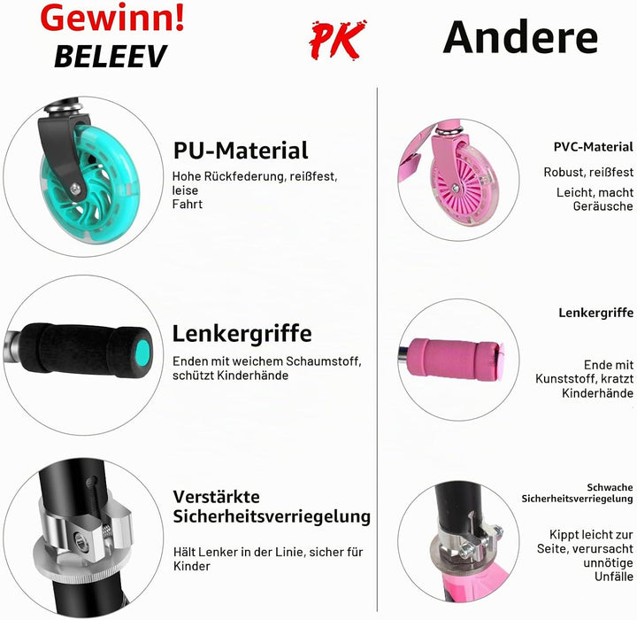 BELEEV Roller Kinder 2 Räder, Klappbar Kinderroller für Mädchen Jungen, Tretroller mit LED Leuchtend