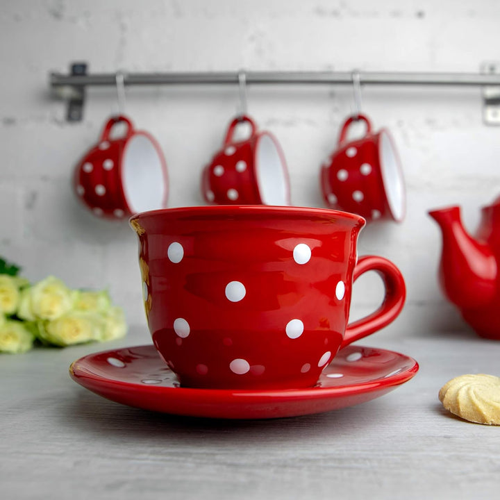City to Cottage® - Keramik Kaffebecher Teetasse 350 ml | Rot und Weiss | Polka Dots | Handgemacht |