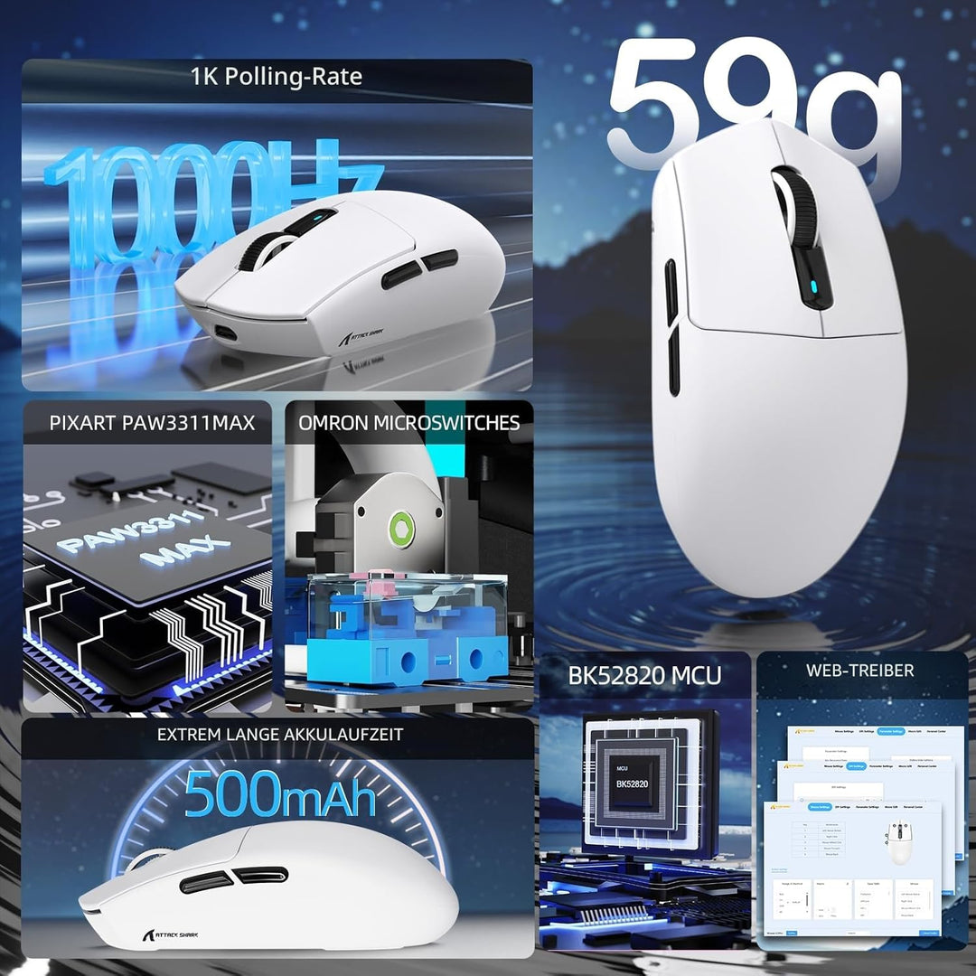 ATTACK SHARK G3PRO Kabellose Gaming-Maus mit Magnetischer Ladestation, PixArt PAW3311-Sensor, Bis zu