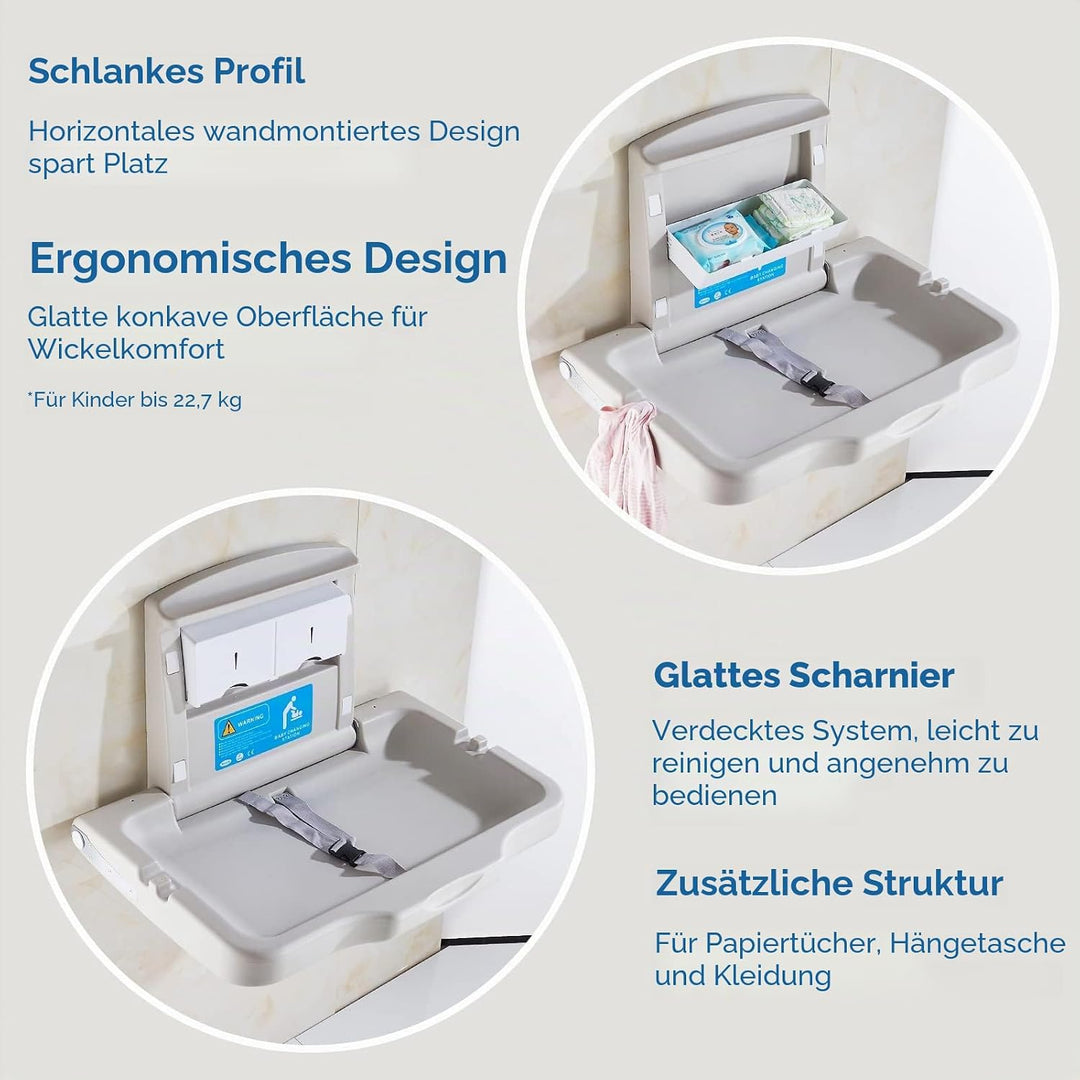 Wickeltisch für Babys, Wandmontiert Klappbarer Wickeleinheit,Wickelstation mit Sicherheitsgurt und T